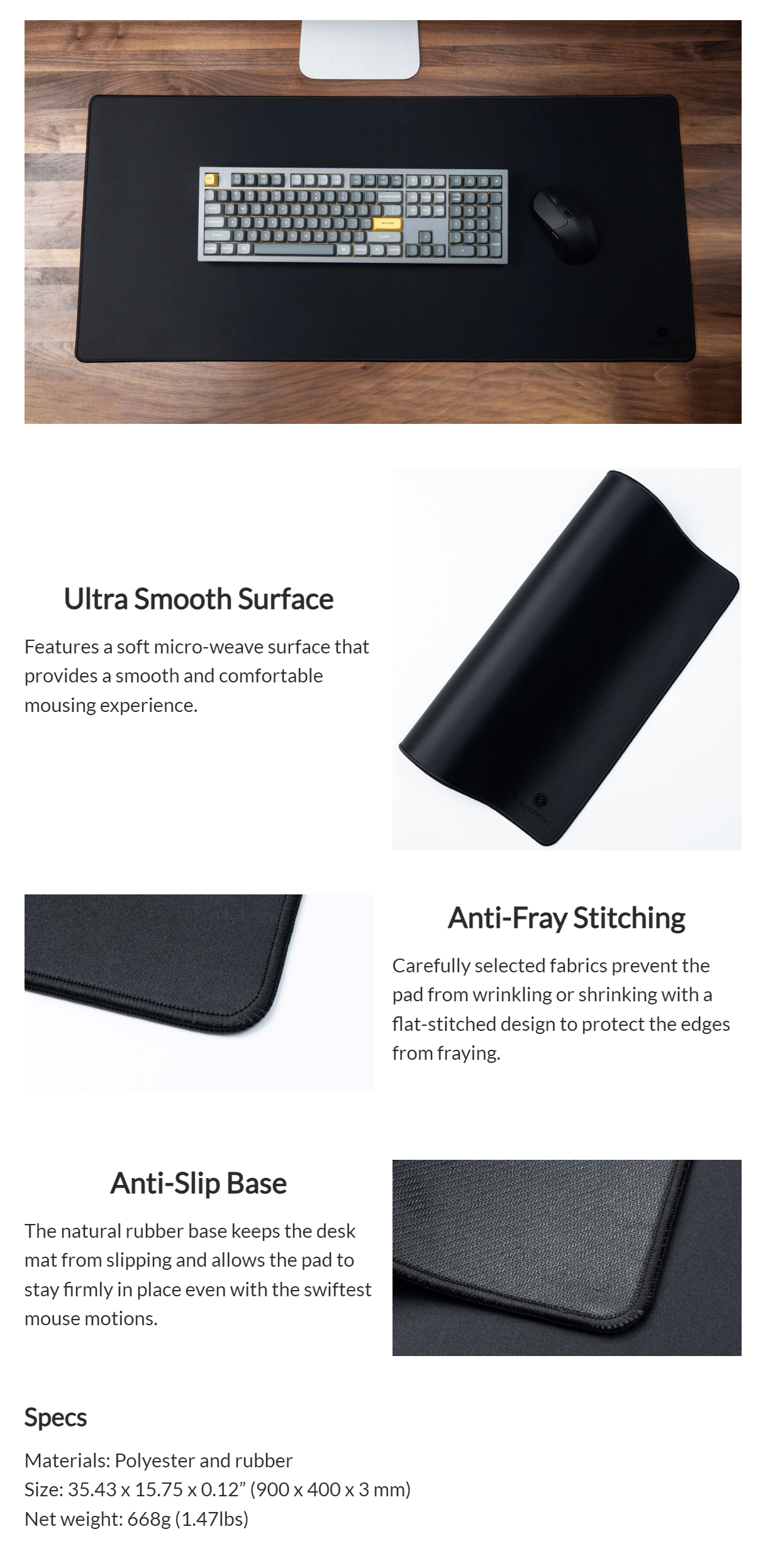 A large marketing image providing additional information about the product Keychron Polyester Mouse Pad - Black - Additional alt info not provided